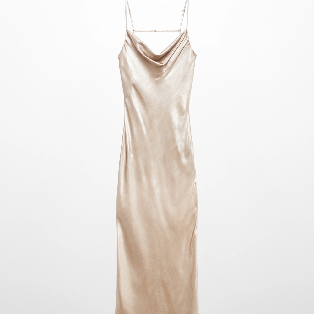 Mango Open Back Elegant Satin Slip Dress NWT Gold